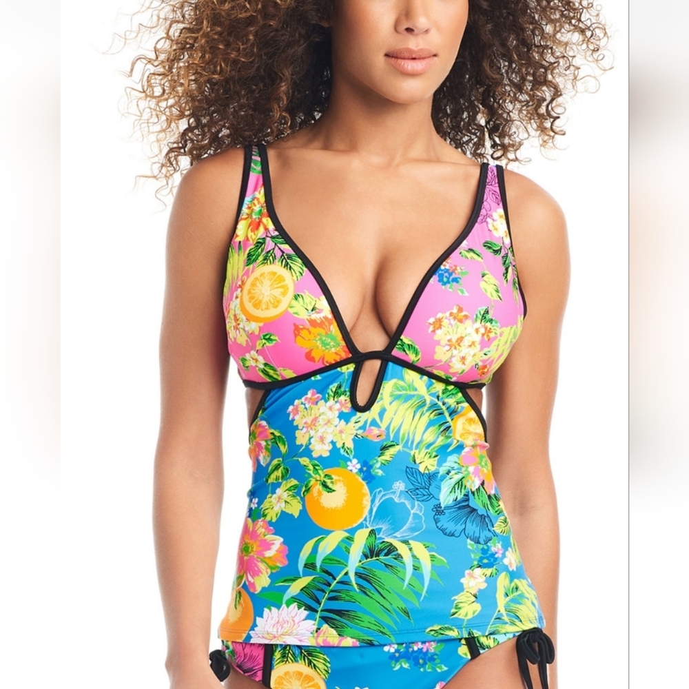 "Summer Spritz" Floral Print Plunge Tankini Top XL & Bottoms XL Swimsuit Set
